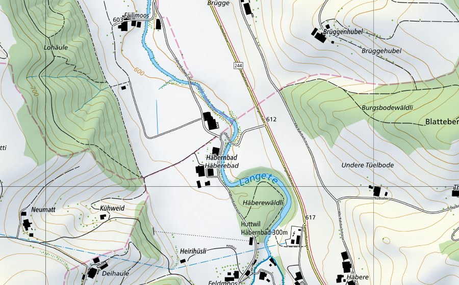 Landeskarte swisstopo mit dem Schutzperimeter von Langeten-Huttwil, Häberenbad (Wassertemperatur-Messstation)