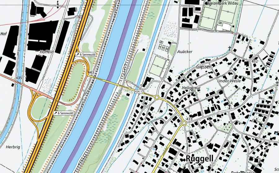 swisstopo national map showing the protected perimeter of Liechtensteiner Binnenkanal-Ruggell (Water temperature station)