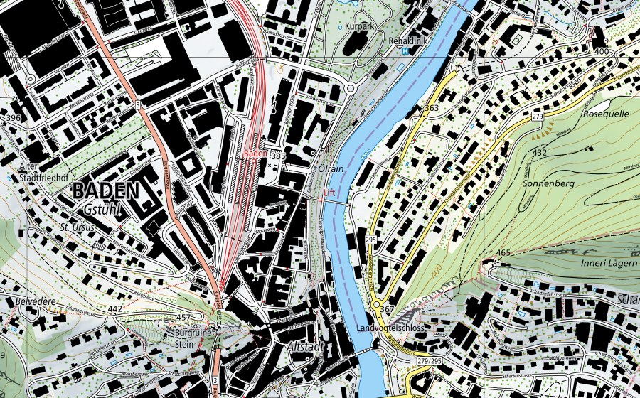 swisstopo national map showing the protected perimeter of Limmat-Baden, Limmatpromenade (Water temperature station)