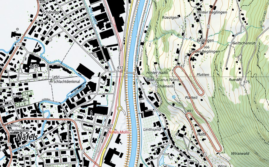 Landeskarte swisstopo mit dem Schutzperimeter von Linth-Mollis, Linthbrücke (Wassertemperatur-Messstation)