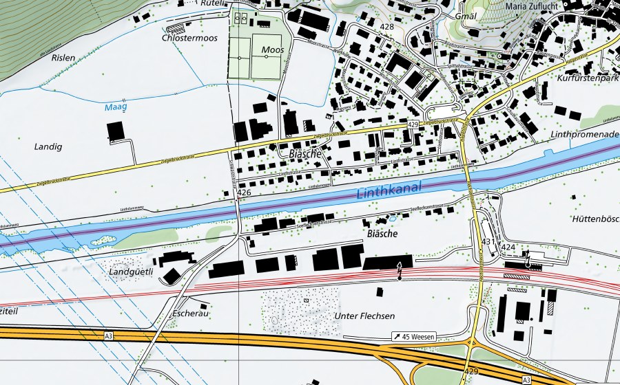 Carte nationale swisstopo avec le périmètre protégé de Linth-Weesen, Biäsche (Station de température de l’eau)
