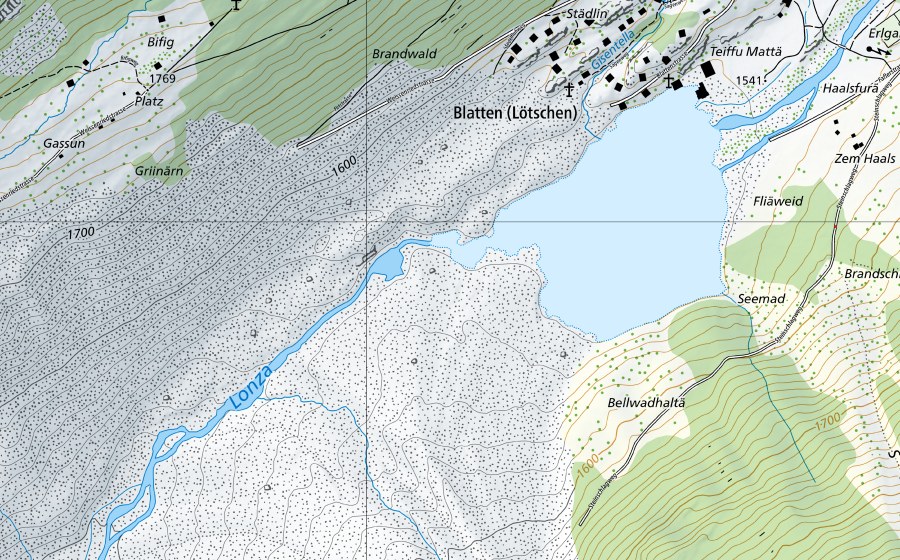 Landeskarte swisstopo mit dem Schutzperimeter von Lonza-Blatten (Wassertemperatur-Messstation)