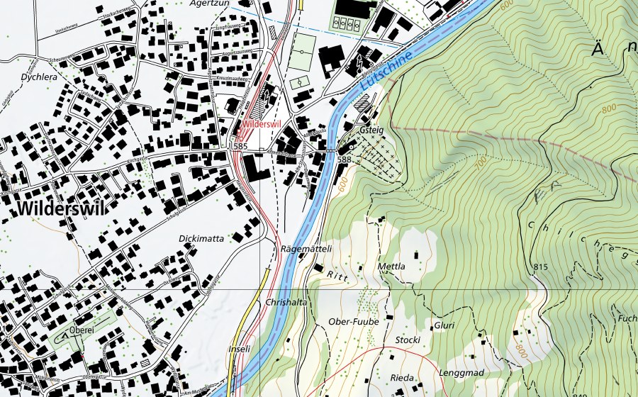 Landeskarte swisstopo mit dem Schutzperimeter von Lütschine-Gsteig (Wassertemperatur-Messstation)