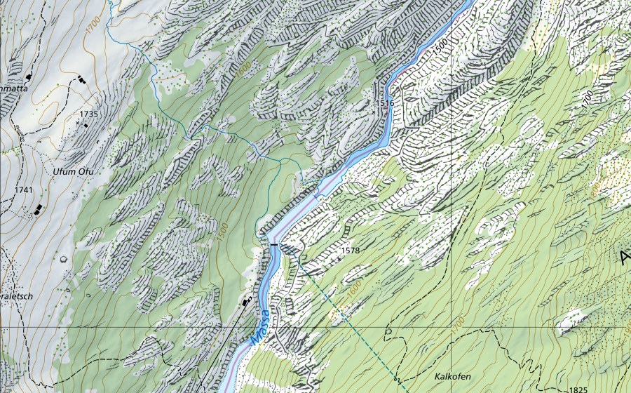 swisstopo national map showing the protected perimeter of Massa-Blatten bei Naters (Water temperature station)