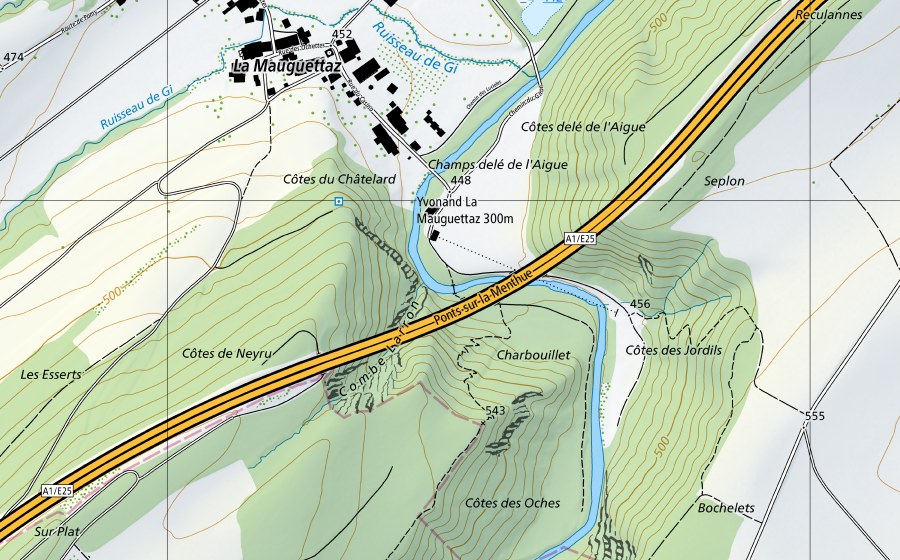 Landeskarte swisstopo mit dem Schutzperimeter von Mentue-Yvonand, La Mauguettaz (Wassertemperatur-Messstation)