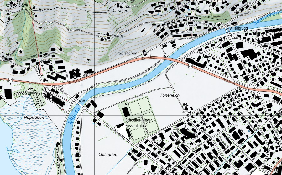 Landeskarte swisstopo mit dem Schutzperimeter von Muota-Ingenbohl (Wassertemperatur-Messstation)