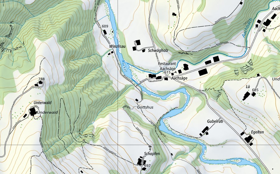 Landeskarte swisstopo mit dem Schutzperimeter von Necker-Mogelsberg, Aachsäge (Wassertemperatur-Messstation)