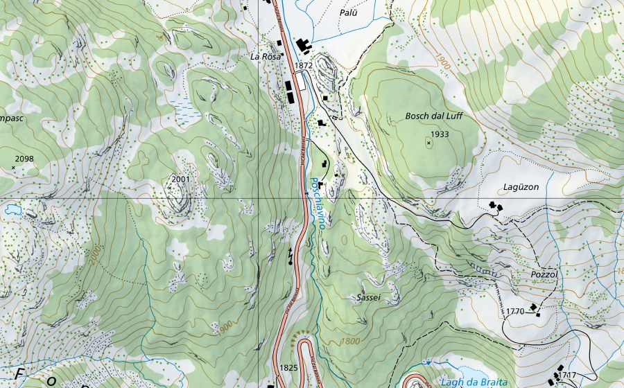 swisstopo national map showing the protected perimeter of Poschiavino-La Rösa (Water temperature station)