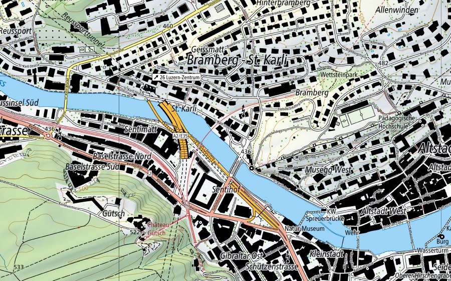 Carta nazionale swisstopo con il perimetro protetto di Reuss-Luzern, Geissmattbrücke (Stazione temperatura acqua)