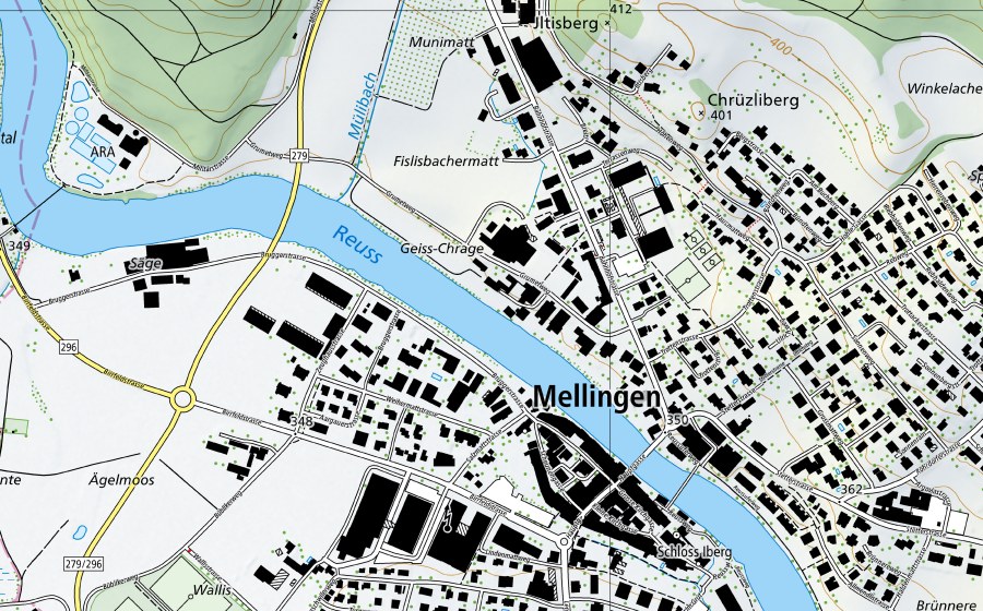 Landeskarte swisstopo mit dem Schutzperimeter von Reuss-Mellingen (Wassertemperatur-Messstation)