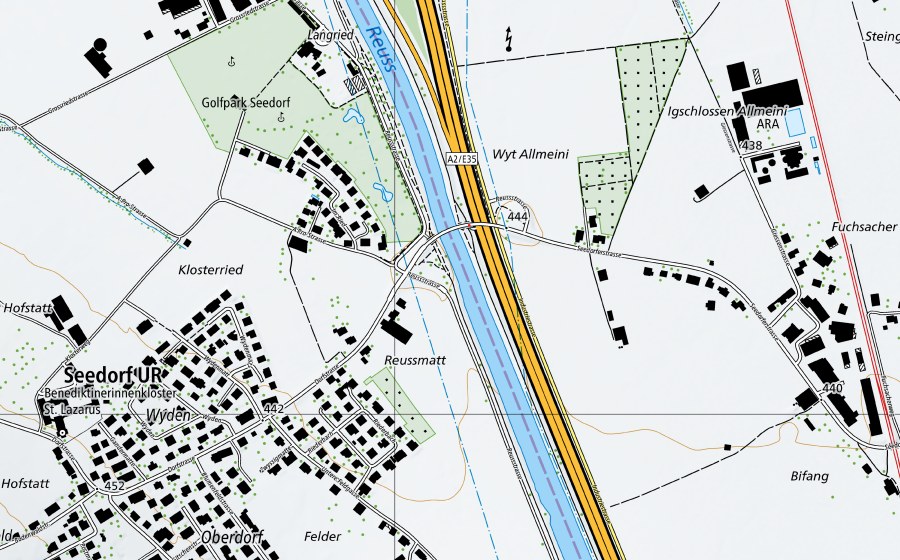 swisstopo national map showing the protected perimeter of Reuss-Seedorf (Water temperature station)