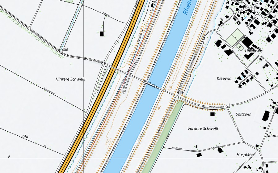Landeskarte swisstopo mit dem Schutzperimeter von Rhein-Diepoldsau, Rietbrücke (Wassertemperatur-Messstation)