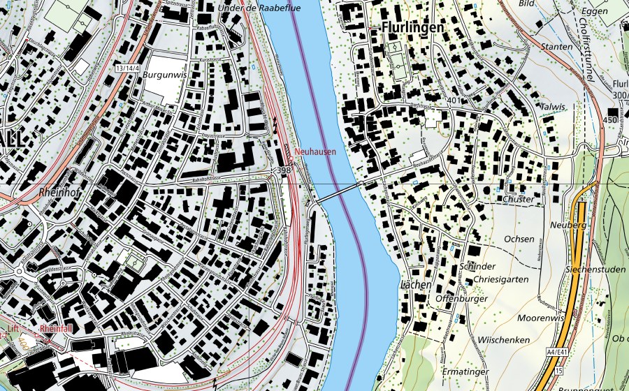 Landeskarte swisstopo mit dem Schutzperimeter von Rhein-Neuhausen, Fluringerbrücke (Wassertemperatur-Messstation)