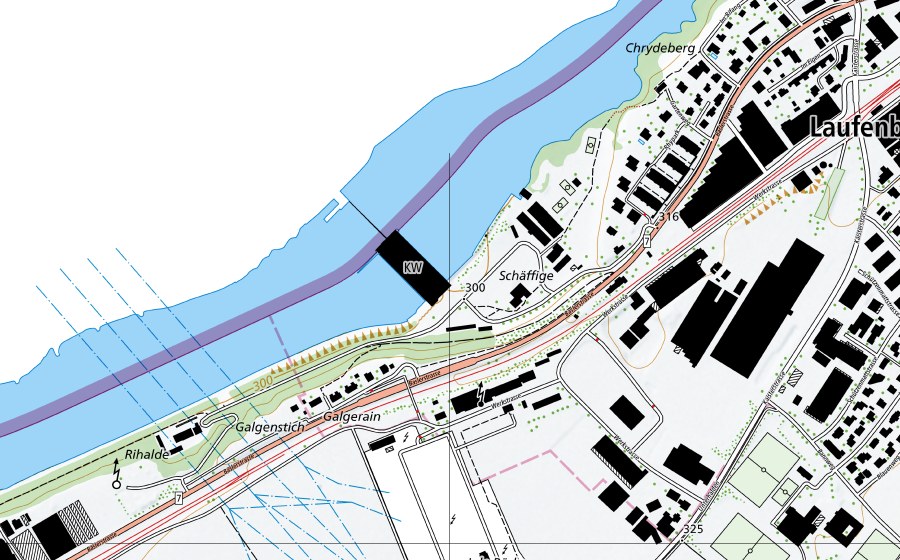 Carta nazionale swisstopo con il perimetro protetto di Rhein (Oberwasser)-Laufenburg (Stazione temperatura acqua)