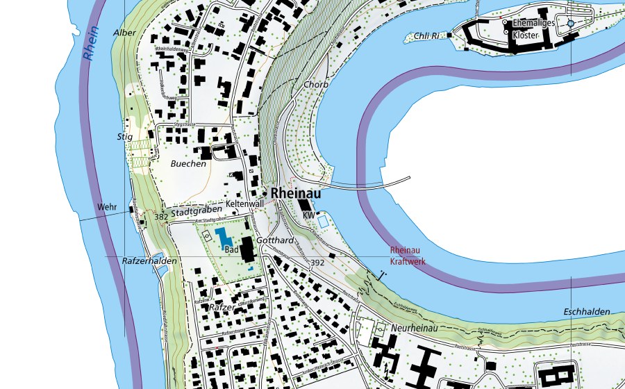 swisstopo national map showing the protected perimeter of Rhein (Oberwasser)-Rheinau (Water temperature station)