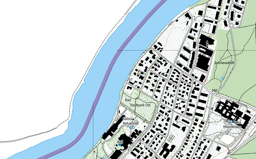 swisstopo national map showing the protected perimeter of Rhein-Rheinfelden, Messstation (Water temperature station)