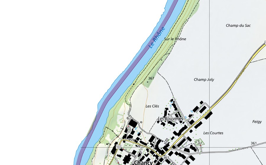 swisstopo national map showing the protected perimeter of Rhône-Chancy, Aux Ripes (Water temperature station)