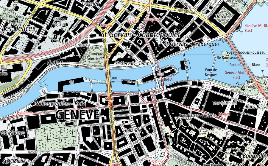 Carte nationale swisstopo avec le périmètre protégé de Rhône-Genève, Halle de l'ìle (Station de température de l’eau)