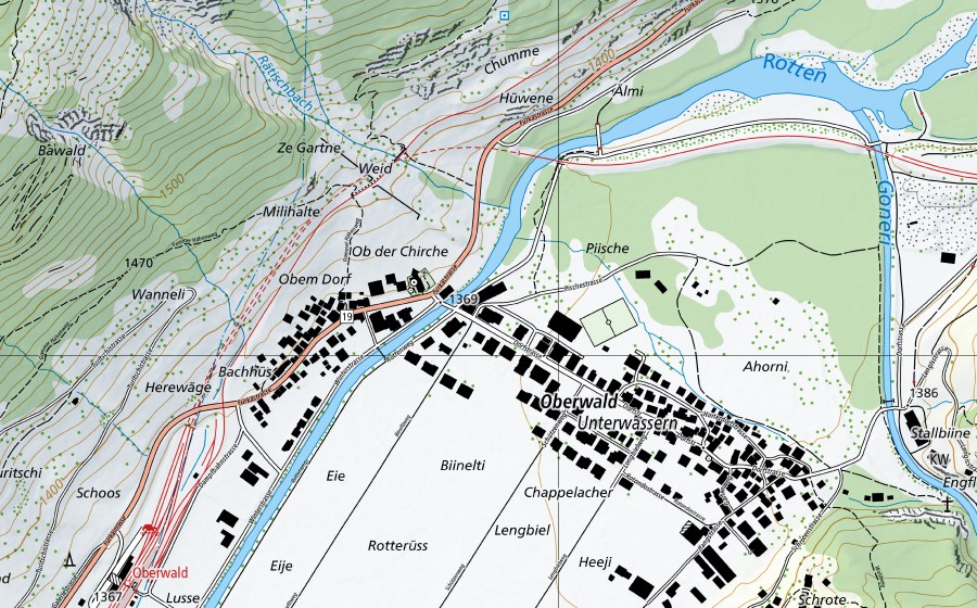 Carte nationale swisstopo avec le périmètre protégé de Rhone-Oberwald (Station de température de l’eau)