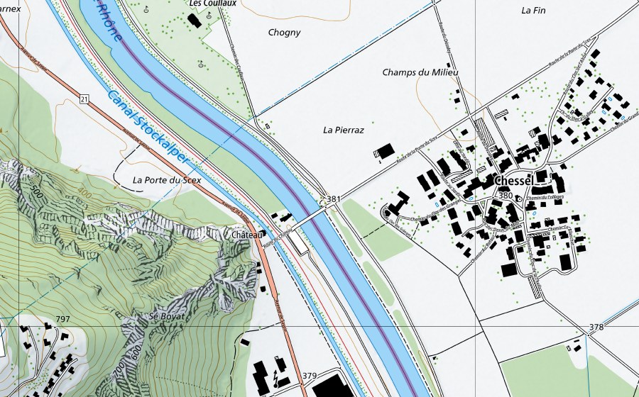 Carta nazionale swisstopo con il perimetro protetto di Rhône-Porte du Scex (Stazione temperatura acqua)