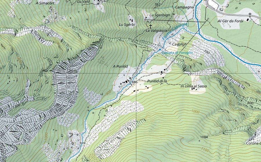 Carta nazionale swisstopo con il perimetro protetto di Riale di Calneggia-Cavergno, Pontit (Stazione temperatura acqua)