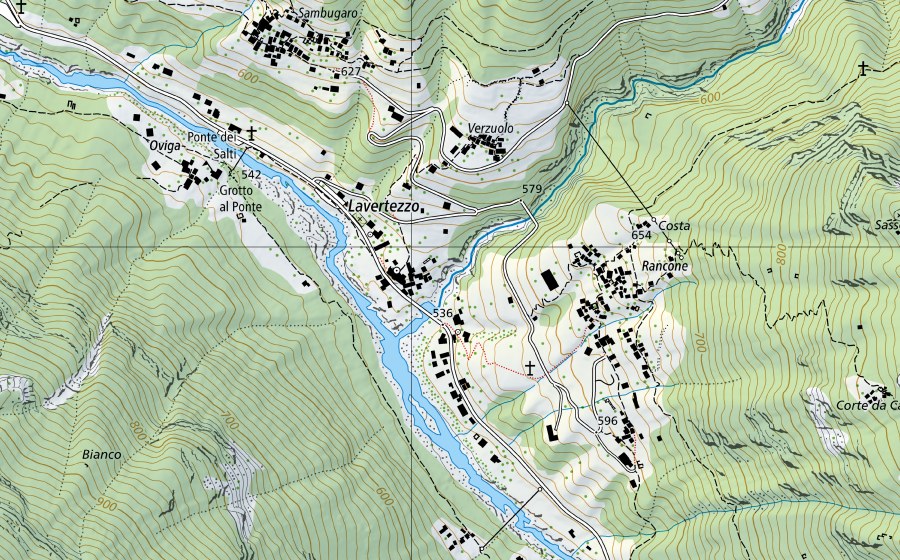 Landeskarte swisstopo mit dem Schutzperimeter von Riale di Pincascia-Lavertezzo (Wassertemperatur-Messstation)