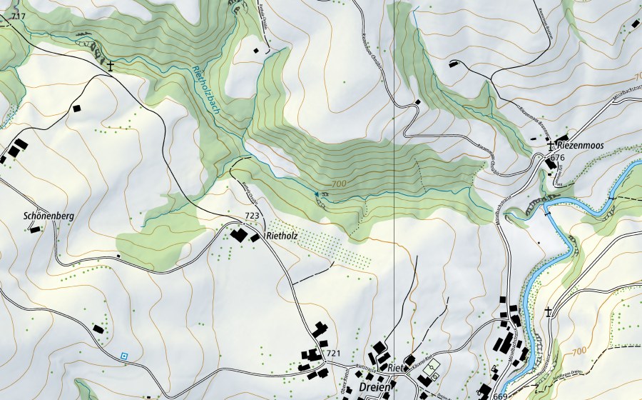 Carte nationale swisstopo avec le périmètre protégé de Rietholzbach-Mosnang, Rietholz (Station de température de l’eau)