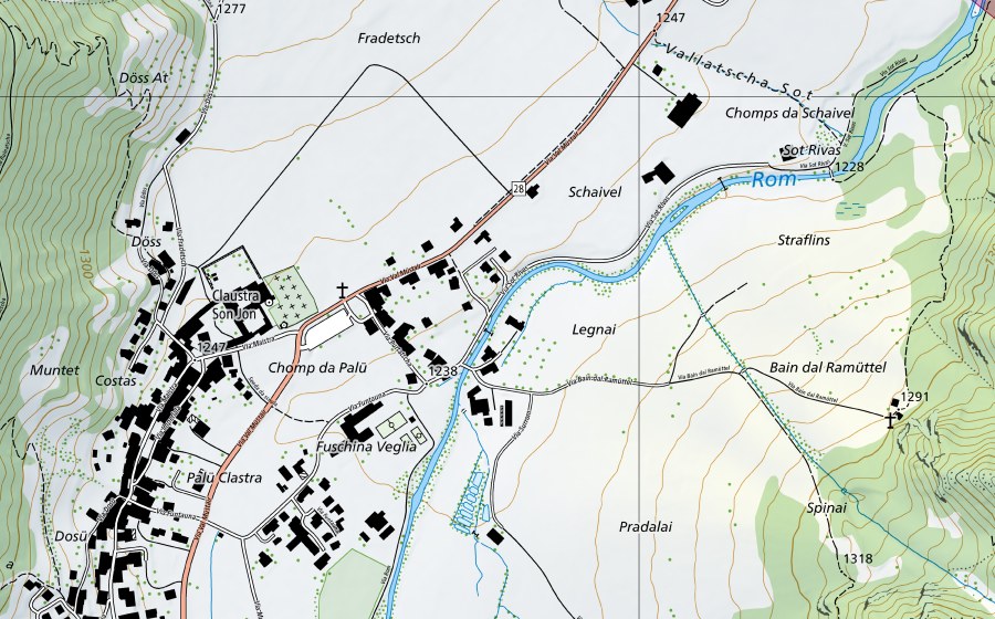 swisstopo national map showing the protected perimeter of Rom-Müstair (Water temperature station)