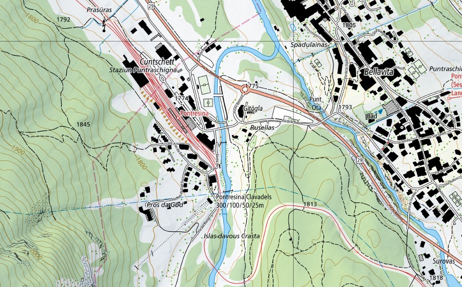 Landeskarte swisstopo mit dem Schutzperimeter von Rosegbach-Pontresina (Wassertemperatur-Messstation)