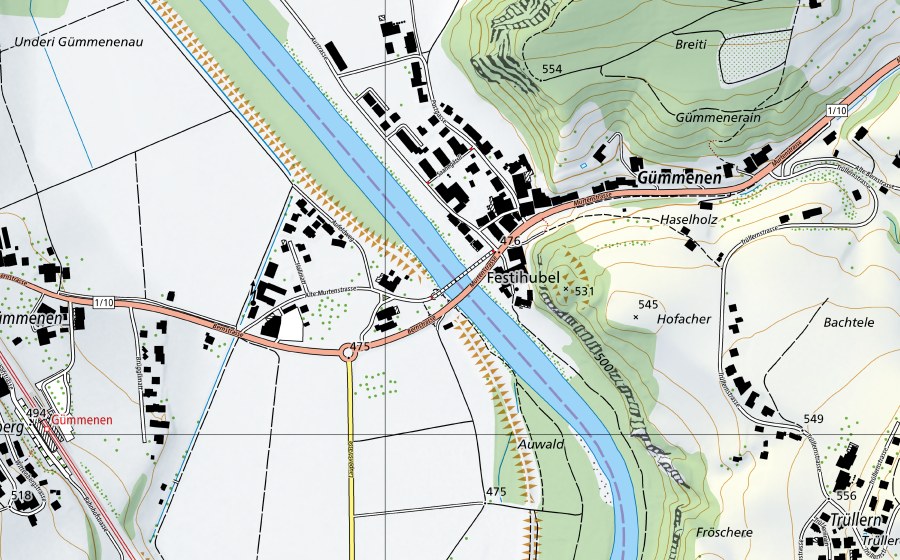 Carte nationale swisstopo avec le périmètre protégé de Saane-Gümmenen (Station de température de l’eau)