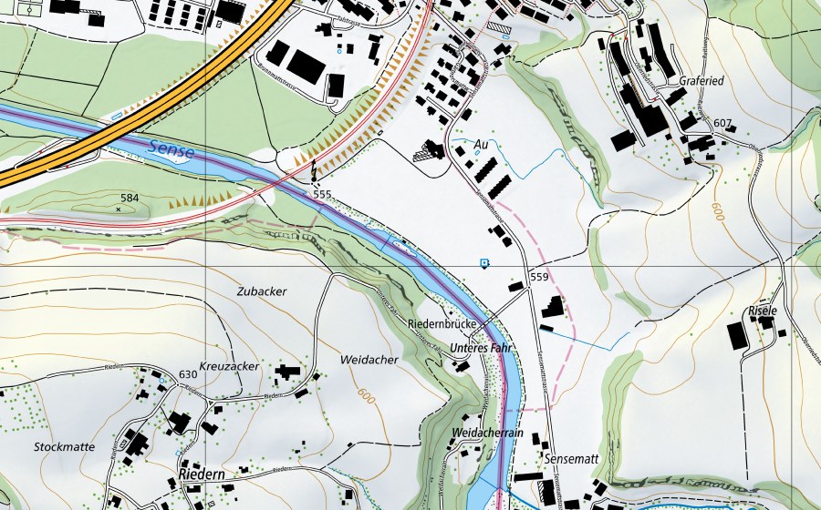 swisstopo national map showing the protected perimeter of Sense-Thörishaus, Sensematt (Water temperature station)
