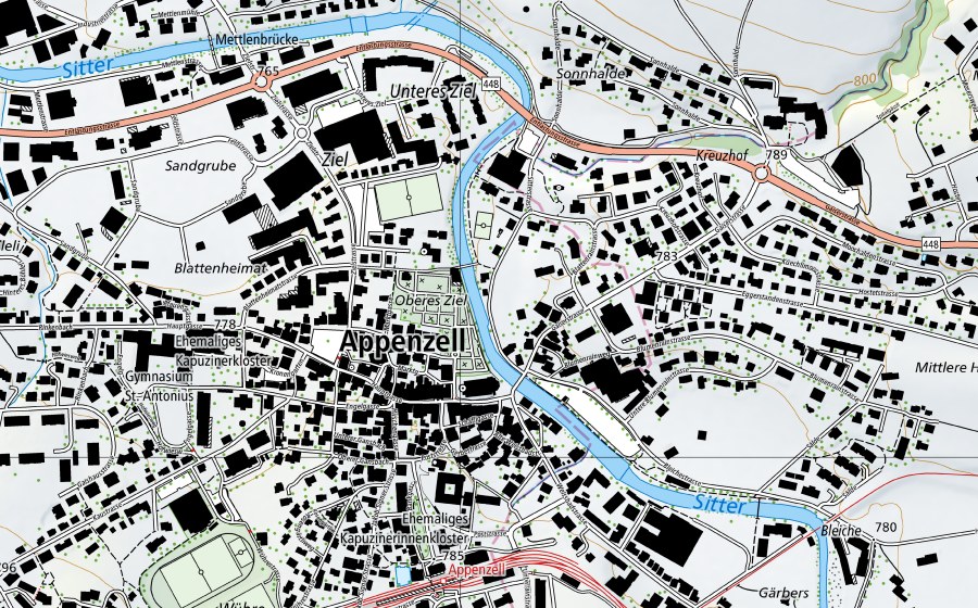 swisstopo national map showing the protected perimeter of Sitter-Appenzell (Water temperature station)