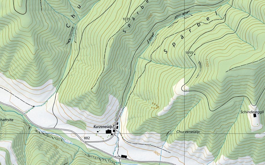 Landeskarte swisstopo mit dem Schutzperimeter von Sperbelgraben-Wasen, Kurzeneialp (Wassertemperatur-Messstation)