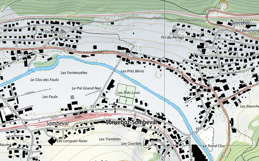 Landeskarte swisstopo mit dem Schutzperimeter von Suze-Sonceboz (Wassertemperatur-Messstation)