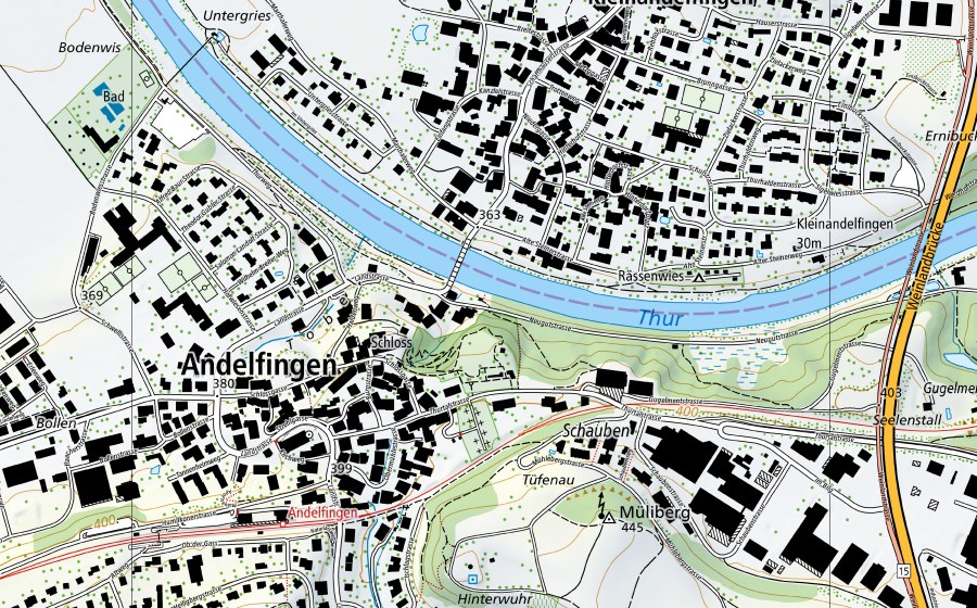 Carte nationale swisstopo avec le périmètre protégé de Thur-Andelfingen (Station de température de l’eau)