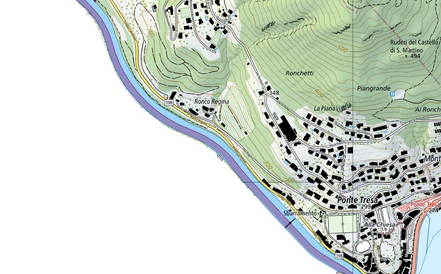 Landeskarte swisstopo mit dem Schutzperimeter von Tresa-Ponte Tresa, Rocchetta (Wassertemperatur-Messstation)