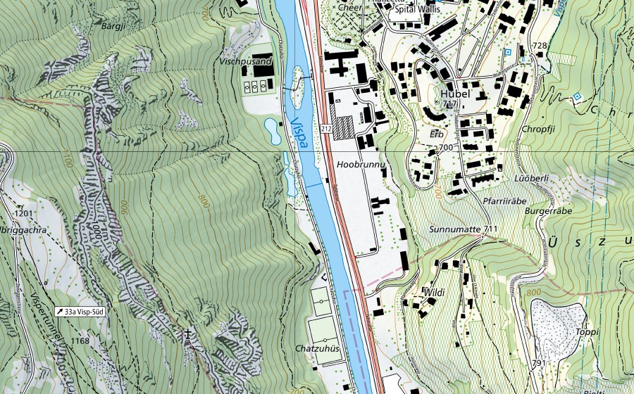 Landeskarte swisstopo mit dem Schutzperimeter von Vispa-Visp (Wassertemperatur-Messstation)