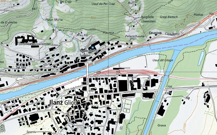 Carte nationale swisstopo avec le périmètre protégé de Vorderrhein-Ilanz (Station de température de l’eau)