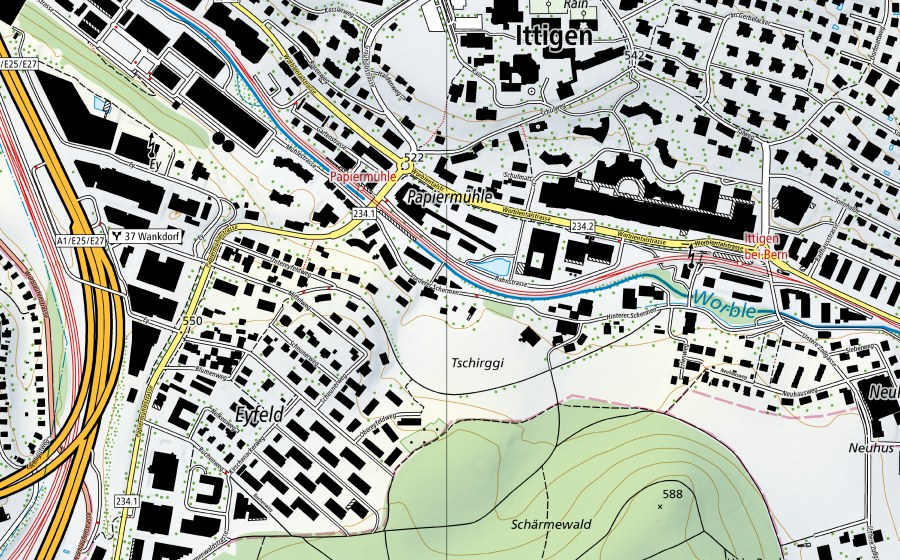 swisstopo national map showing the protected perimeter of Worble-Ittigen (Water temperature station)
