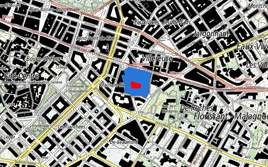 Landeskarte swisstopo mit dem Schutzperimeter von Das architektonische Werk von Le Corbusier, ein aussergewöhnlicher Beitrag zur Moderne (UNESCO-Welterbe)