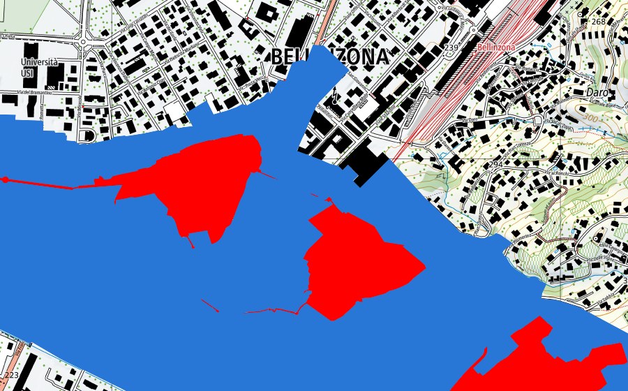 Carte nationale swisstopo avec le périmètre protégé de Drei Burgen, Mauern und Befestigungsanlage von Bellinzona (Patrimoine mondial UNESCO)