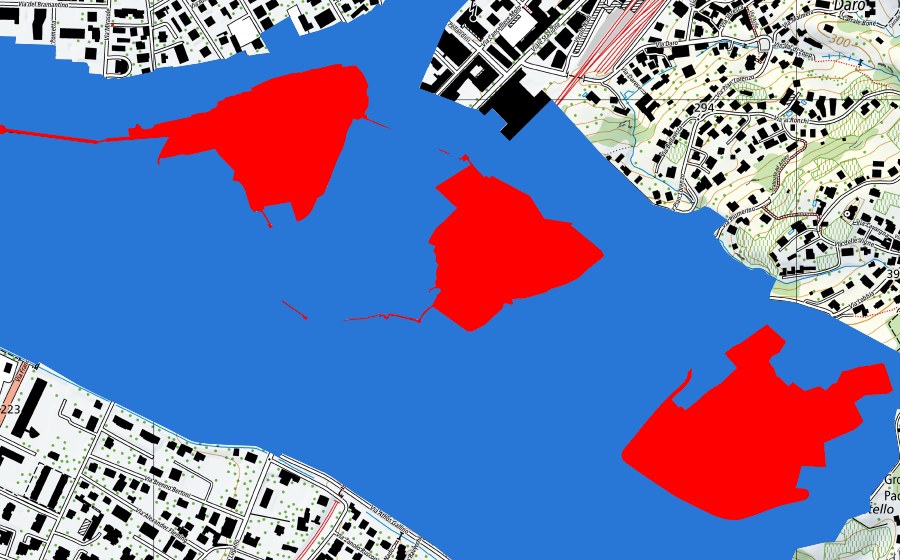 Carte nationale swisstopo avec le périmètre protégé de Drei Burgen, Mauern und Befestigungsanlage von Bellinzona (Patrimoine mondial UNESCO)