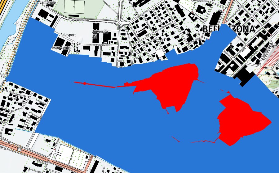 Carte nationale swisstopo avec le périmètre protégé de Drei Burgen, Mauern und Befestigungsanlage von Bellinzona (Patrimoine mondial UNESCO)