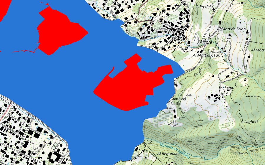 Carte nationale swisstopo avec le périmètre protégé de Drei Burgen, Mauern und Befestigungsanlage von Bellinzona (Patrimoine mondial UNESCO)