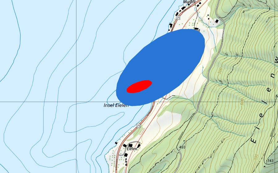 swisstopo national map showing the protected perimeter of Prähistorische Pfahlbauten um die Alpen (UNESCO World Heritage)