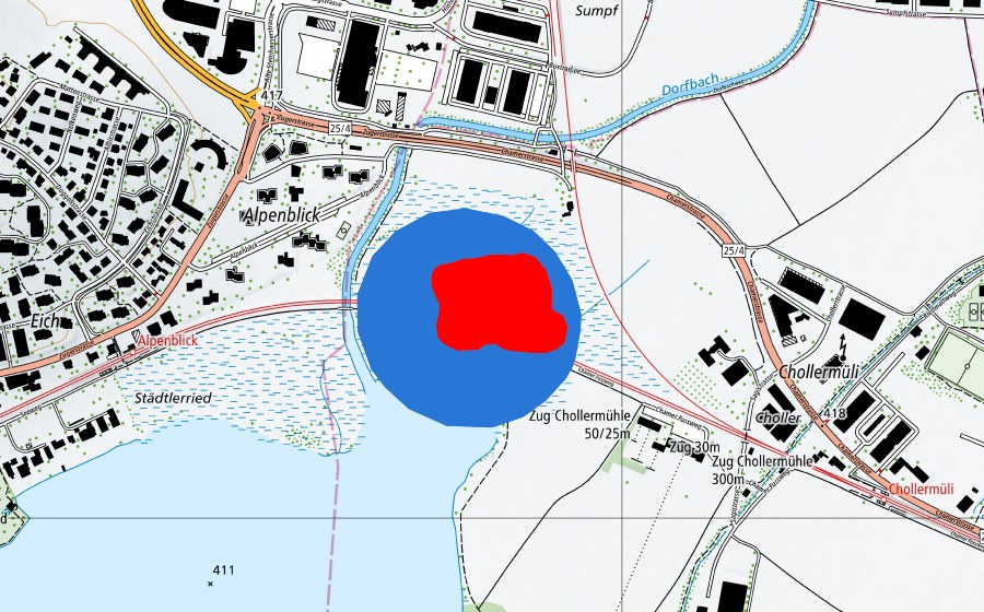 swisstopo national map showing the protected perimeter of Prähistorische Pfahlbauten um die Alpen (UNESCO World Heritage)