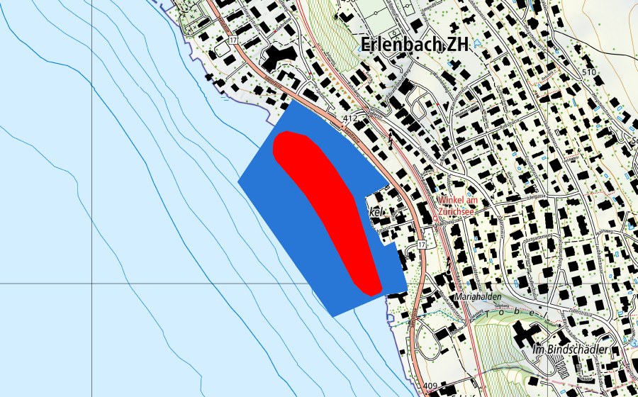 swisstopo national map showing the protected perimeter of Prähistorische Pfahlbauten um die Alpen (UNESCO World Heritage)