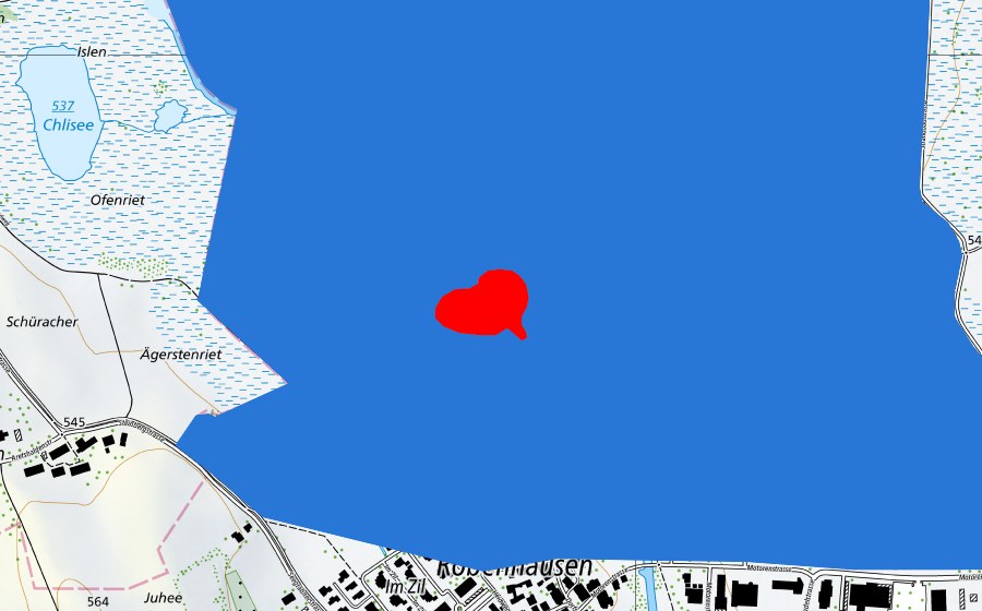 swisstopo national map showing the protected perimeter of Prähistorische Pfahlbauten um die Alpen (UNESCO World Heritage)