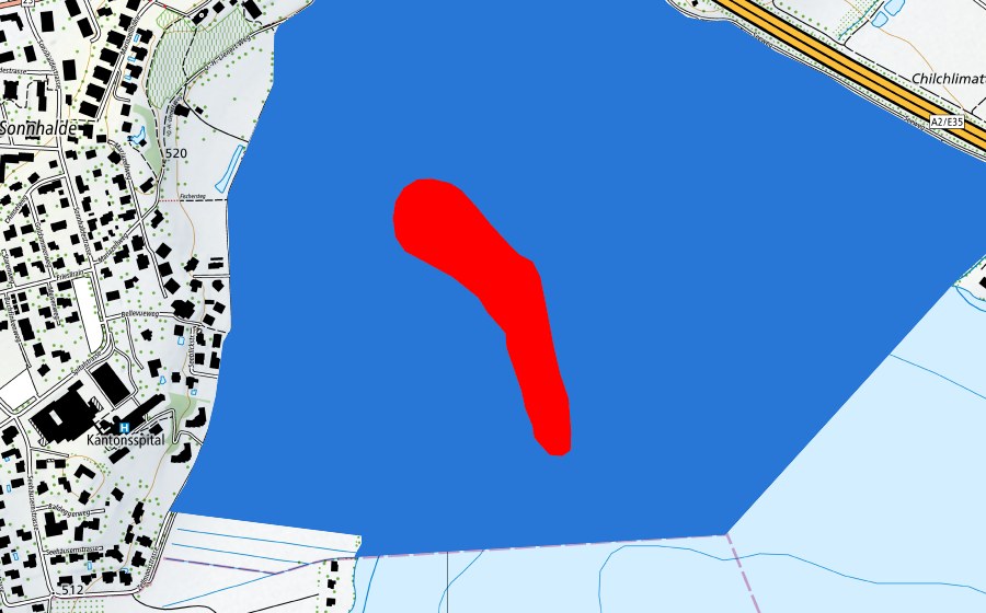 swisstopo national map showing the protected perimeter of Prähistorische Pfahlbauten um die Alpen (UNESCO World Heritage)