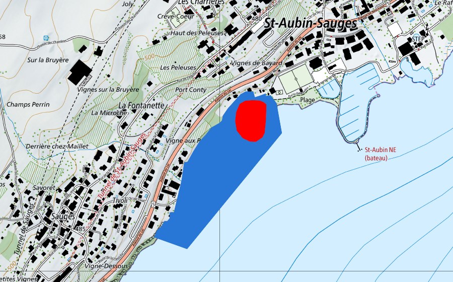 swisstopo national map showing the protected perimeter of Prähistorische Pfahlbauten um die Alpen (UNESCO World Heritage)